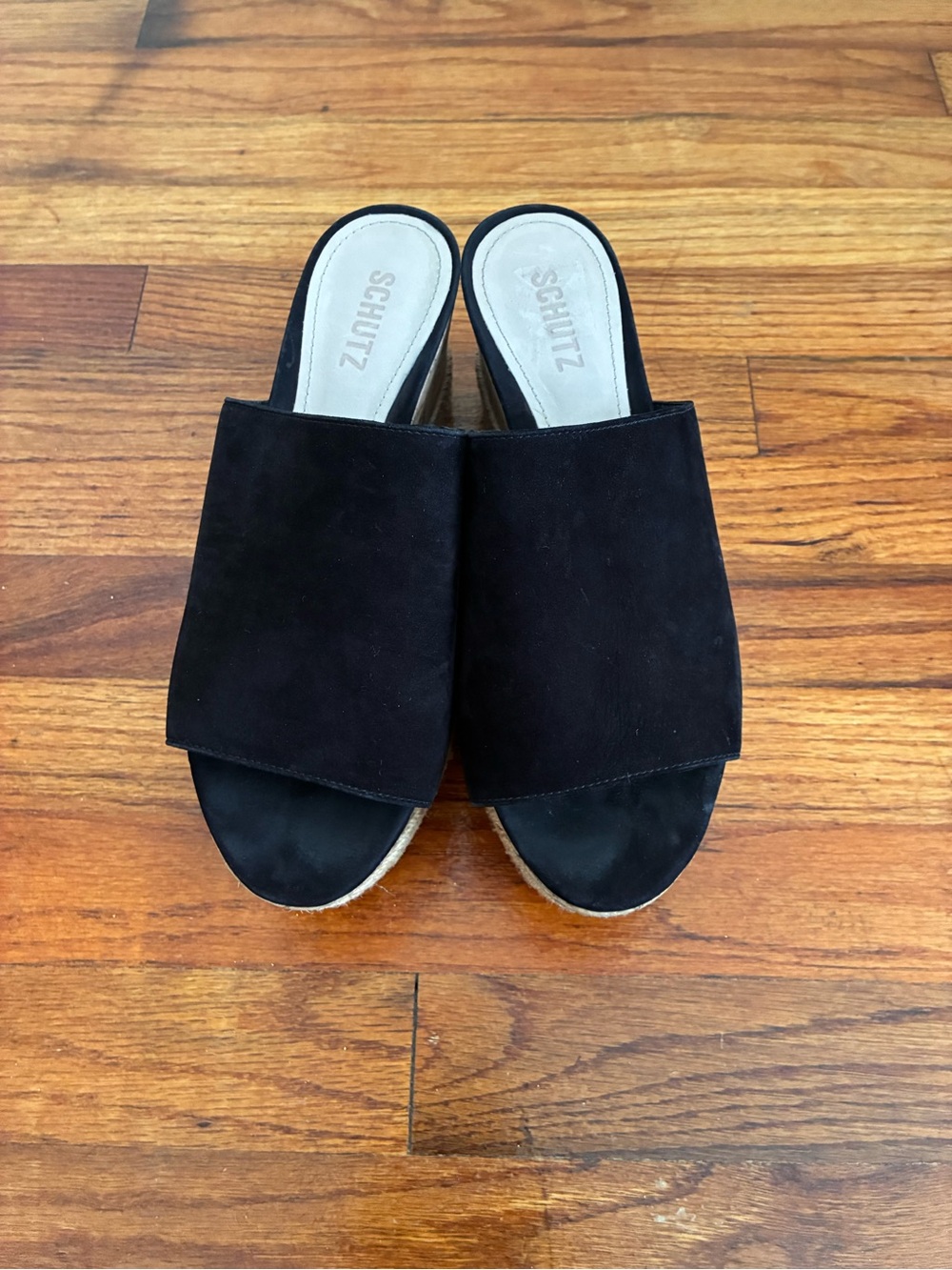 Schutz Black Suede Espadrille Cork Wedge Slide Sandals Mule Platform Size 8 - Picture 4 of 5